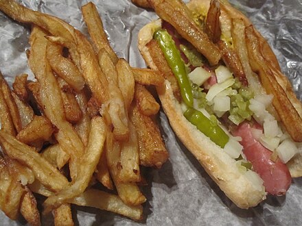 Chicago-style hot dog with everything and fries, from Gene & Jude's hot dog stand, a local landmark of River Grove