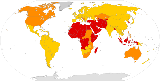 Male circumcision prevalence (not rate) by country according to the World Health Organization's 2007 review of the global trends and determinants of prevalence, safety, and acceptability of circumcision[36]