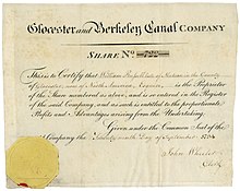 Founder's share of the Glocester and Berkeley Canal Company, issued 29 September 1794, printed on vellum. The proprietors of this canal were authorised to raise the sum of £140,000 to be divided into shares of £100 each. If the former sum be insufficient, then they raise a further sum of £60,000.