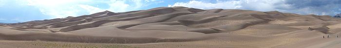 Wide view of the dunes with people at right in foreground Great Sand Dunes National Park page banner.jpg