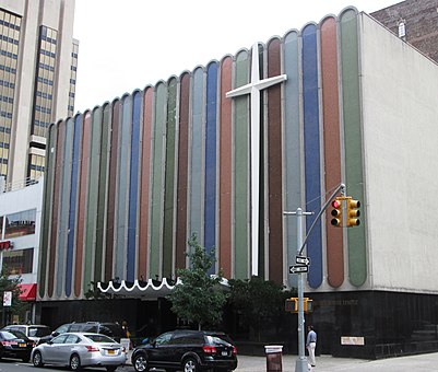 The Greater Refuge Temple in Harlem, New York City has been located since 1945 in a former casino and vaudeville/movie theatre. The building was renovated and had its colorful facade added in 1966. Greater Refuge Temple.jpg