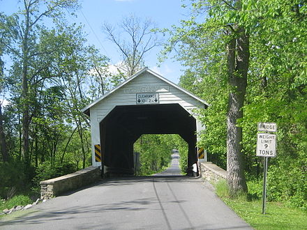 The entrance to Hassenplug Covered Bridge in Mifflinburg, Pennsylvania is flanked by wing walls. Hassenplug Covered Bridge entrance.jpg