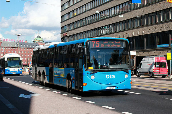 Helsingin Bussiliikenne bus on HSL Helsinki internal line 75. The bus is in HSL's livery, which is a requirement for all new buses offered in tenders.