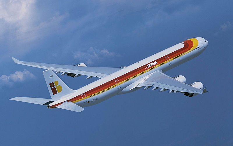 File:Iberia A340-600 in flight, banking right.jpg