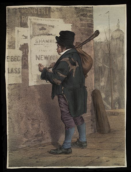 File:Irishman looks at poster of voyages to New York, 19th C Wellcome L0036002.jpg