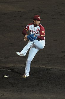Iwakuma pitching for the Tohoku Rakuten Golden Eagles in 2011.