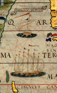 Cropped portion of China Sea, showing six and three-masted jong. It is probably referencing to large Majapahit jong of the 14–15th centuries or the single Pati Unus junk of 1512–1513. The lack of crescent moon symbol indicated that these jongs must be hailed from the non-muslim area in Java, probably owned by the kingdom of Majapahit or Sunda.