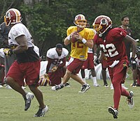 Barnes running a scrimmage at Redskins 2011 training camp Kevin barnes 2011.jpg