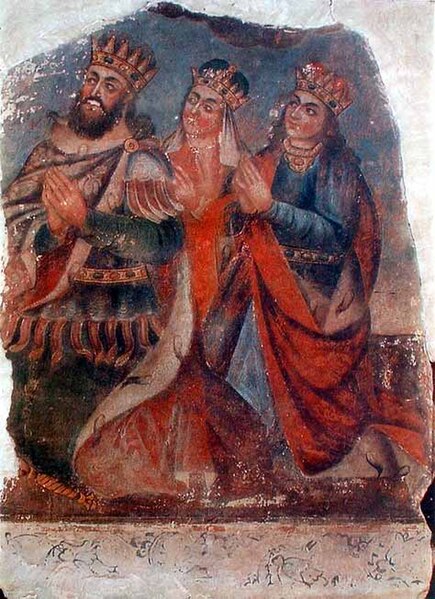 A painting of Tiridates III, his consort Ashkhen, and his sister Khosrovidukht by Naghash Hovnatan, early 1700s