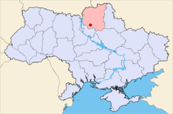 Местоположение на Kobyzhcha на картата на Украйна, с подчертана Черниговска област (розово).