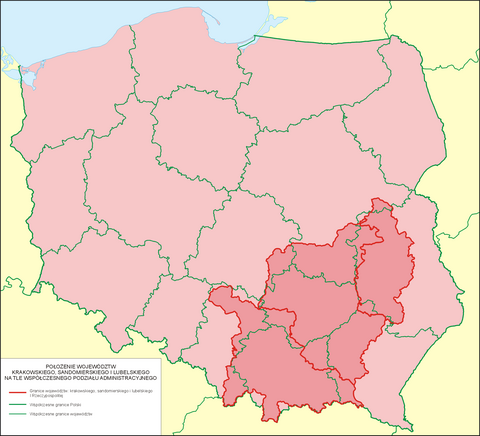 The historical region of Lesser Poland (shown in darker pink) within the borders of present-day Poland