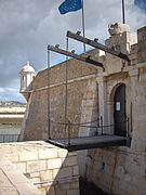 A fort entryway's drawbridge.