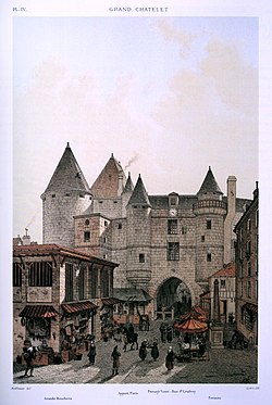 The city's main prison, courts and residence of the Provost of Paris were located in the Grand Chatelet fortress, shown here as it appeared in 1800 Le Grand Chatelet vu depuis la rue Saint-Denis, 1800.jpg
