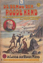 Capa de um romance intitulado "De bende der roode hand", no qual estão representados dois homens atacando dois em uma praia, com um rosto de homem inserido.