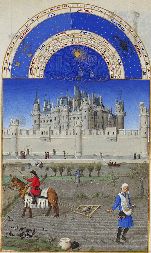 Afbeelding bij de maand oktober in Les Très Riches Heures du duc de Berry (± 1410)
