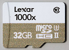 32 GB Lexar 1000x microSDHC card (with UHS-II and UHS Speed Class 3 markings) Lexar 1000x MicroSDHC UHS-II U3 Class 10 - Front.jpg