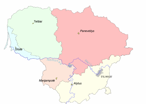 Regions within borders of modern Lithuania. Based on the map approved by Council for the Protection of Ethnic Culture, a special council established by Seimas.
Lithuania Minor (Mazoji Lietuva)
Samogitia (Zemaitija)
Aukstaitija
Suvalkija
Dzukija Liet-etno-regionai.png