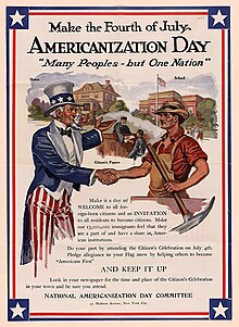 A poster from 1915-1919 used to promote Americanization day, which later evolved into Loyalty Day Loyaltyday.jpg