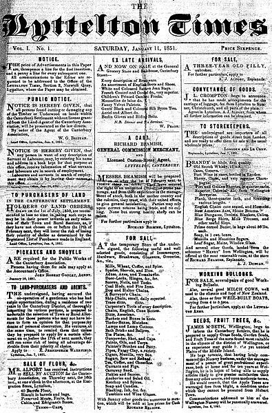Cover of the first edition of the Lyttelton Times