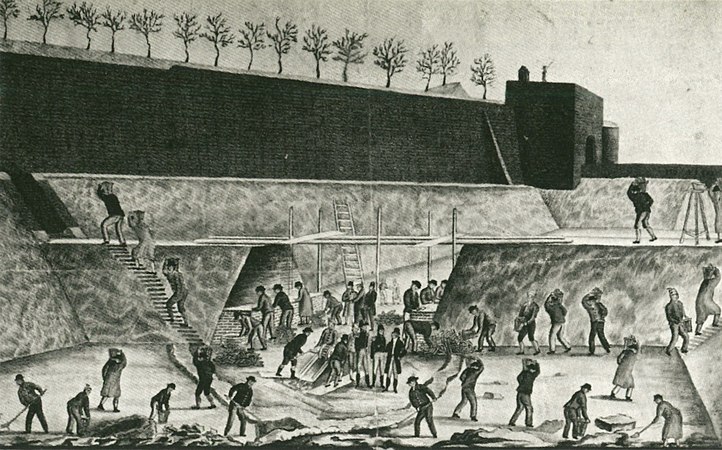 Travaux des nouvelles fortifications de Maastricht, dessin anonyme, v. 1820.