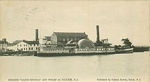 The passenger steamboat Major Reybold, one of two steamboats involved in collisions with Ice Boat No. 3 on Grand Army Day, 1899 Major Reybold at Salem Wharf with caption.jpg