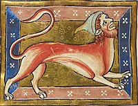 大英図書館蔵ロイヤル（英語版）12. C. xix.写本に描かれたマンティコア[25]。姿形は、フリギア帽をかぶった赤毛で髭づらの男の頭部に、ライオンの体躯という取り合わせ。ライオンの部位の毛色は美しい煉瓦色（腹側は白色）。同書は動物を美麗な筆致で描いているが、この怪物でさえ例外としていない。なお、サソリの尾は具えていない。