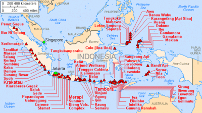 A chart with the heading "Major Volcanoes of Indonesia (with eruptions since 1900 A.D.)". Depicted below the heading is an overhead view of a cluster of islands.