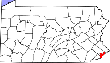 Location of Philadelphia in Pennsylvania Map of Pennsylvania highlighting Philadelphia County.svg