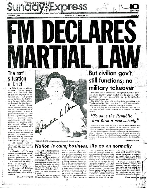 The Sunday edition of the Philippines Daily Express on September 24, 1972, was the only newspaper published after the announcement of martial law on S