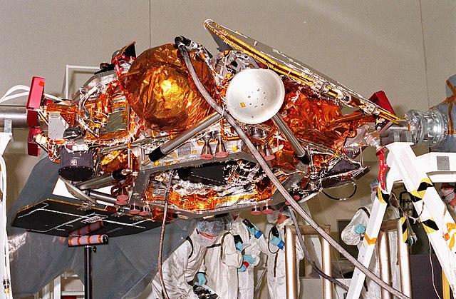 The spacecraft in stowed position just prior to encapsulation