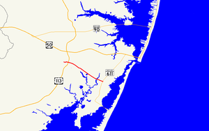 Peta utara Worcester County menunjukkan jalan-jalan utama. Maryland Rute 376 berjalan dari Berlin ke MD 611 dekat Assateague Island.