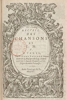 Page de titre des Chansons de Louis Mauduit (Pierre I Ballard, Paris, 1629).