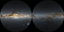 360-degree rendering of the Milky Way using Gaia EDR3 data showing interstellar gas, dust backlit by stars (main patches labeled in black; white labels are main bright patches of stars). Left hemisphere is facing the galactic center, right hemisphere is facing the galactic anticenter.