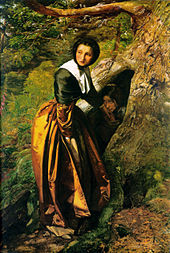 Painting, oil on canvas, The Proscribed Royalist, 1651 by John Everett Millais from 1853, depicting a fleeing Royalist after the Battle of Worcester being hidden within the trunk of a tree by a young Puritan woman Millais Royalist.jpg