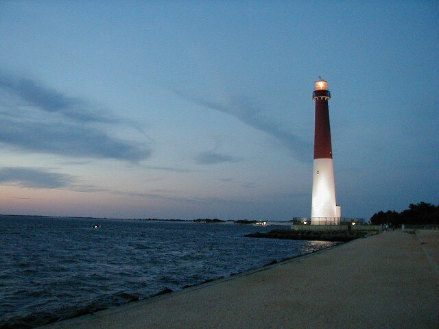 Sunrise at Barnegat Lighthouse on Long Beach Island, facing the Atlantic Ocean