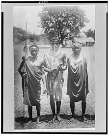 Three Nandi warriors. The 19th century saw wide annihilation and assimilation of many identities Nandi warriors from the LOC.jpg