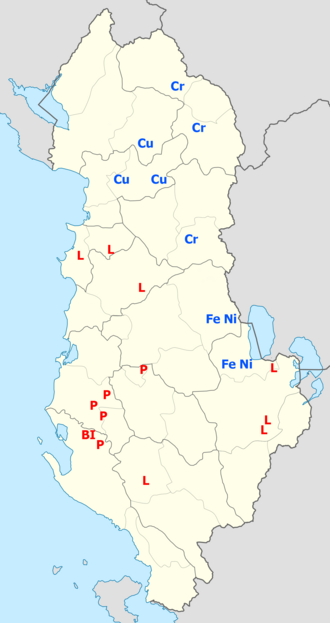 Natural resources of Albania. Metals are in blue (Cr, Fe, Ni, Cu), fossil fuels are in red (L -- lignite, P -- petroleum, BI -- bitumen). Natural resources of Albania.png