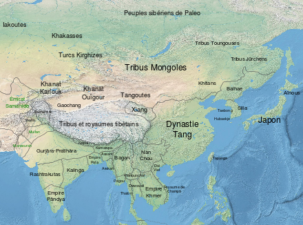 Carte de l'Asie orientale en 900, montrant les forces en présence dans la région à cette époque.