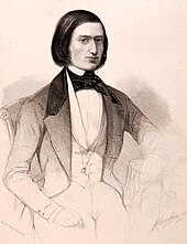 Drawing of young white man, seated, clean shaven, in 19th century day clothes, with longish but neat dark hair