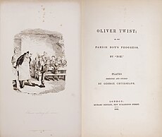Первое издание «Приключений Оливера Твиста» с гравированной иллюстрацией Крукшенка.