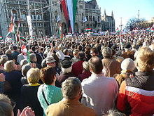 Hungarians won't live according to the commands of foreign powers, Orbán told the crowd at Kossuth square on 15 March 2012