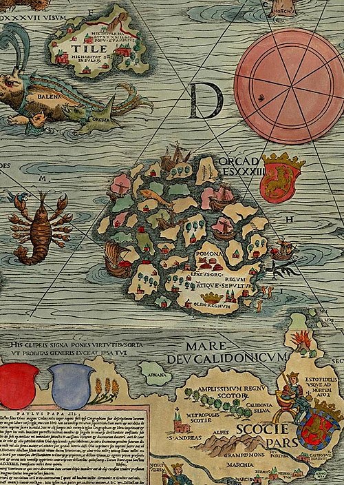 Mainland, as "Pomona" from the not wholly accurate Carta Marina of 1539.