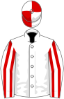 White, red striped sleeves, quartered cap