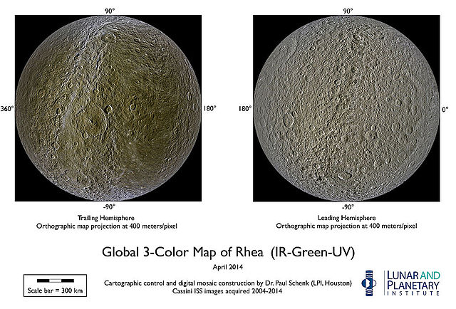 The trailing hemisphere of Saturn's moon Rhea is covered with tholins.