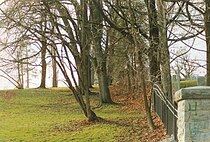 Northern border of park, Myrtle Hill Cemetery on right of fence Pass-arboretum 2002 myrtlehill.jpg