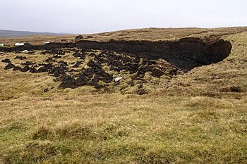 Blanket bog on the Yell, Shetland Islands, with some peat working Peatcuttingulsta.jpg