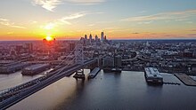 The Philadelphia skyline as seen from the Delaware River in February 2023 Philadelphia from the Delaware River.jpg