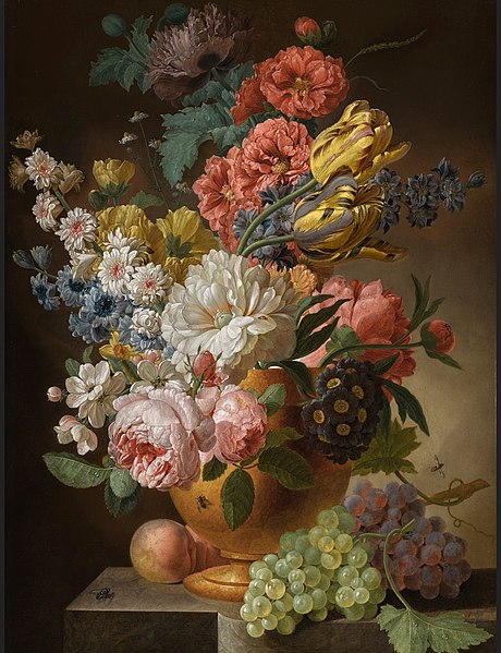 File:Pieter Faes - Still life of roses, tulips, carnations and other flowers in an urn on a stone ledge, with peaches and grapes.jpg