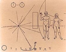 First spacecraft on an escape trajectory away from the Sun, Pioneer 10 Pioneer10-plaque tilt.jpg