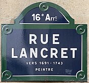 Plaque Rue Lancret - Paris XVI (FR75) - 2021-08-17 - 1.jpg